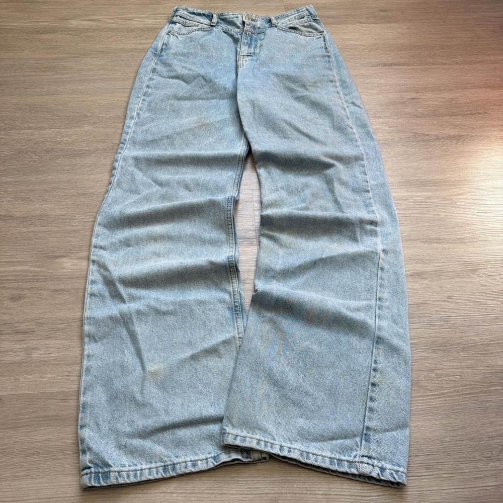 27x32 Blue Wide Leg Distressed Stacked Heavyweight Jeans Y2K